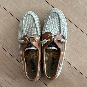 Sperry Women’s Cream Seersucker & Brown Leather Boat Shoes
